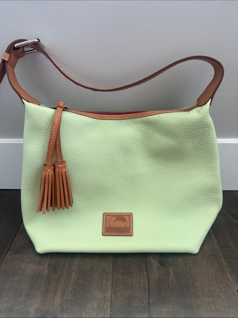 Dooney & Bourke Light Green Pebble Grain Leather Paige Sac Hobo Bag with Tassel